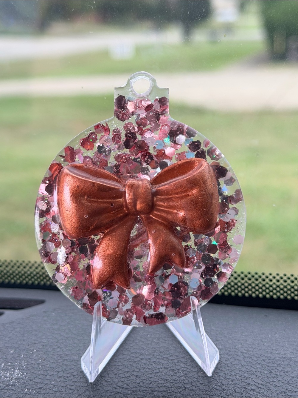 Hand Crafted Copper Bow Ornament with Pink Glitter